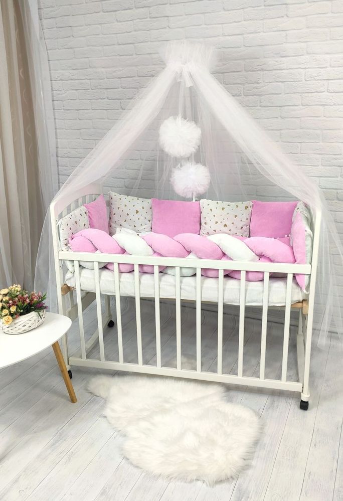 Комплект в ліжечко новонародженим з балдахіном Перлина рожевий, с балдахіном