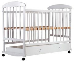 Кроватка для новорожденного Наталка дуга+колеса, опускная боковина, ящик белая