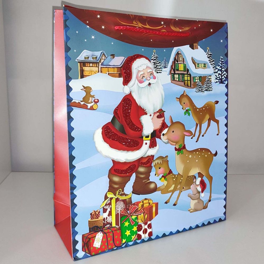 Новогодний подарочный пакет 23х18х8 см с Глиттером Санта, Маленькие, Новогодний
