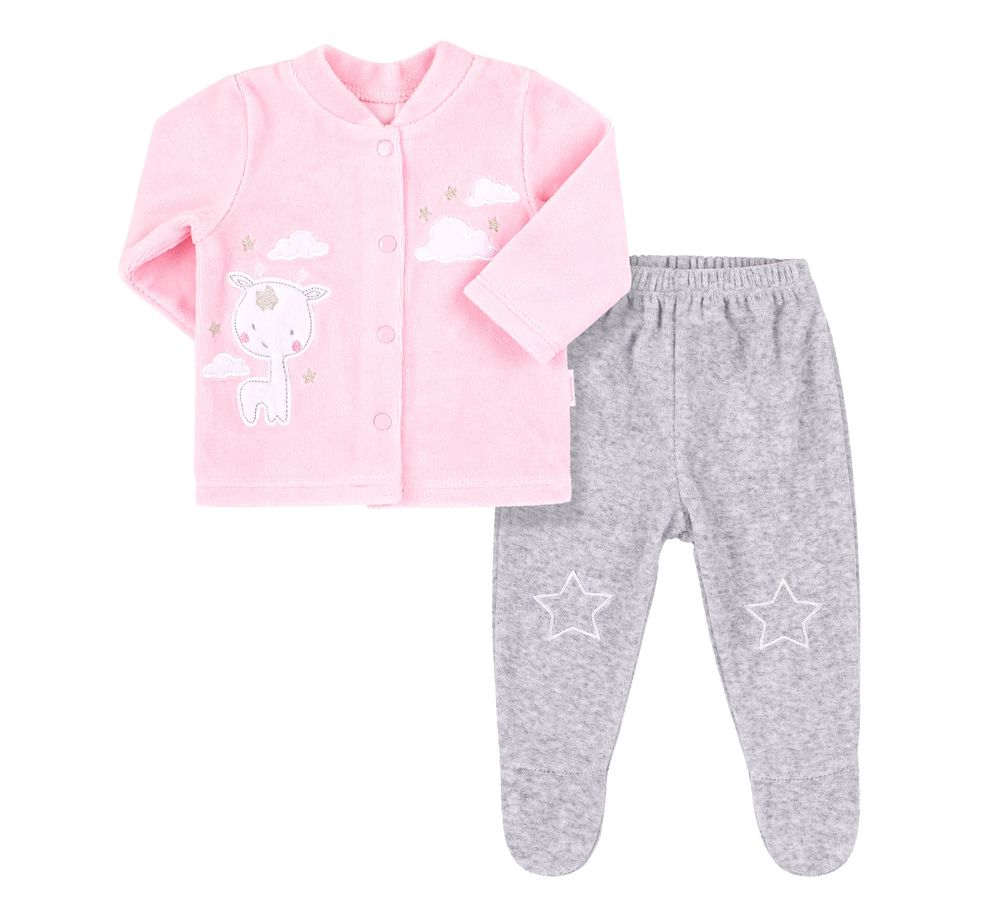 Велюровые ползуночки + рубашечка для новорожденных Жирафик розовый