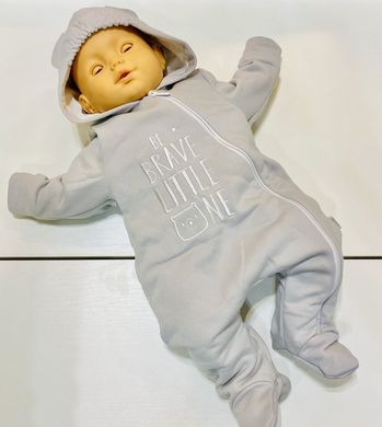 Комбинезон на подкладке с капюшоном Храбрый Малыш, Светло-серый, 62, Трикотаж Шардон