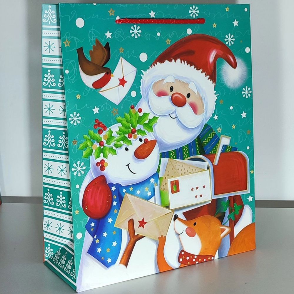 Новорічний подарунковий пакет 32х26х10 см з Гліттером Санта №2, Середні, Новорічний