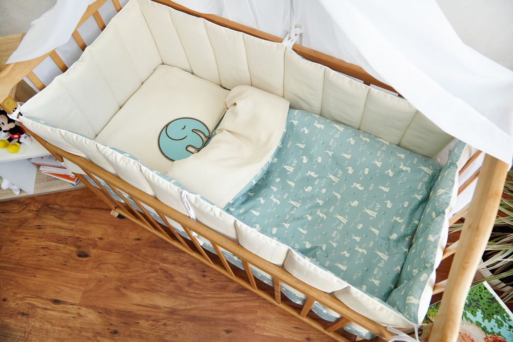 Сатин + Лен детский постельный комплект в кроватку Кролики серо голубой