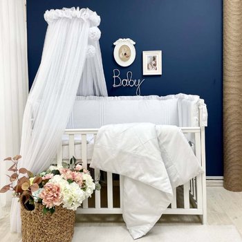 Сатиновый белый постельный комплект для новорожденных с бортиками Сладкая жизнь, с балдахином