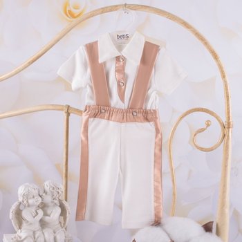 Летний костюм на крещение мальчика Стіляшка кофейный: кофта с коротким рукавчиком и воротничком, штаны на подтяжках