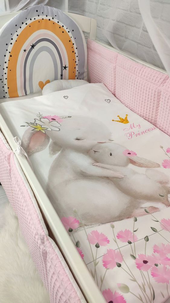 Комплект в дитяче ліжечко з балдахіном Зайчик рожевий, с балдахіном