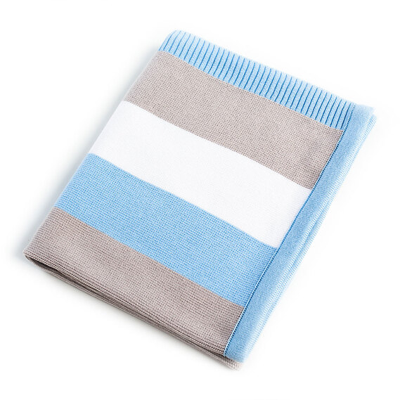Хлопковый вязаный плед 70х90 для новорожденных голубая полоска, Вязаное полотно