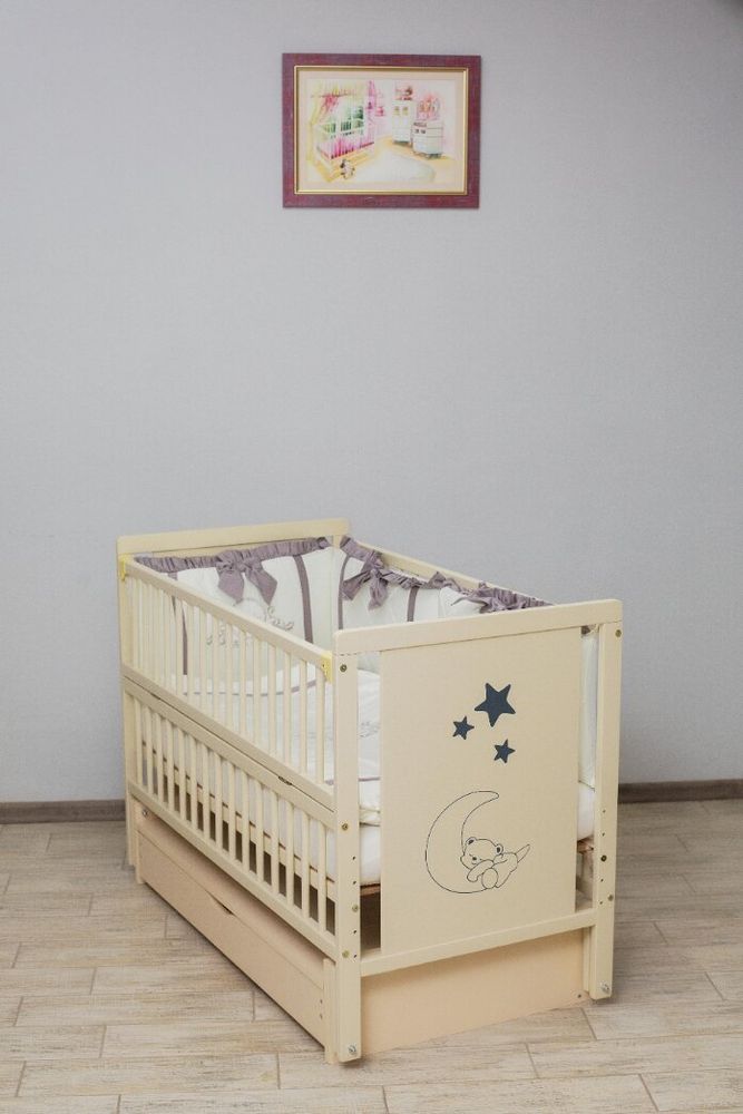 Дитяче ліжко Ведмедик на Місяці маятник + ящик + відкидна боковина, Слонова кістка