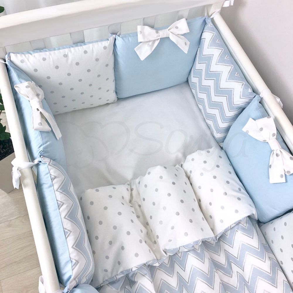 Постільна білизна в ліжечко для новонароджених з бортиками Зигзаг блакитний
