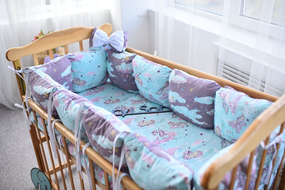 Дитячий спальний комплект в ліжечко Хмарка Єдиноріг м'ятний, без балдахіна