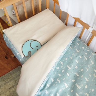 Сменный постельный комплект в кроватку Зайчики лен + сатин фото, цена, описание