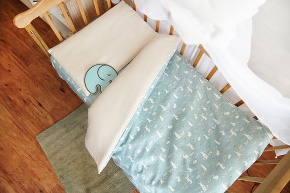 Сменный постельный комплект в кроватку Зайчики лен + сатин фото, цена, описание
