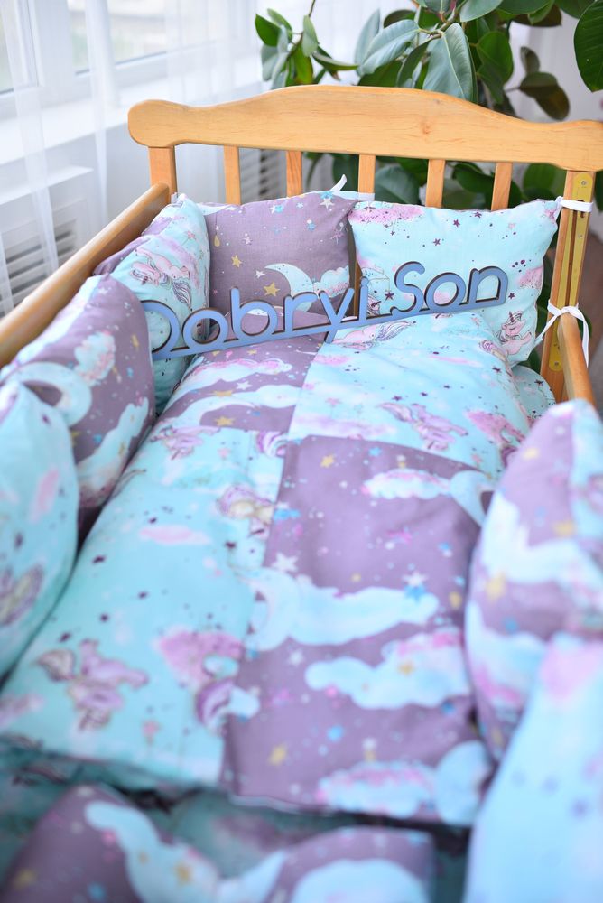 Детский спальный комплект в кроватку Облако Единороги мятный, без балдахина