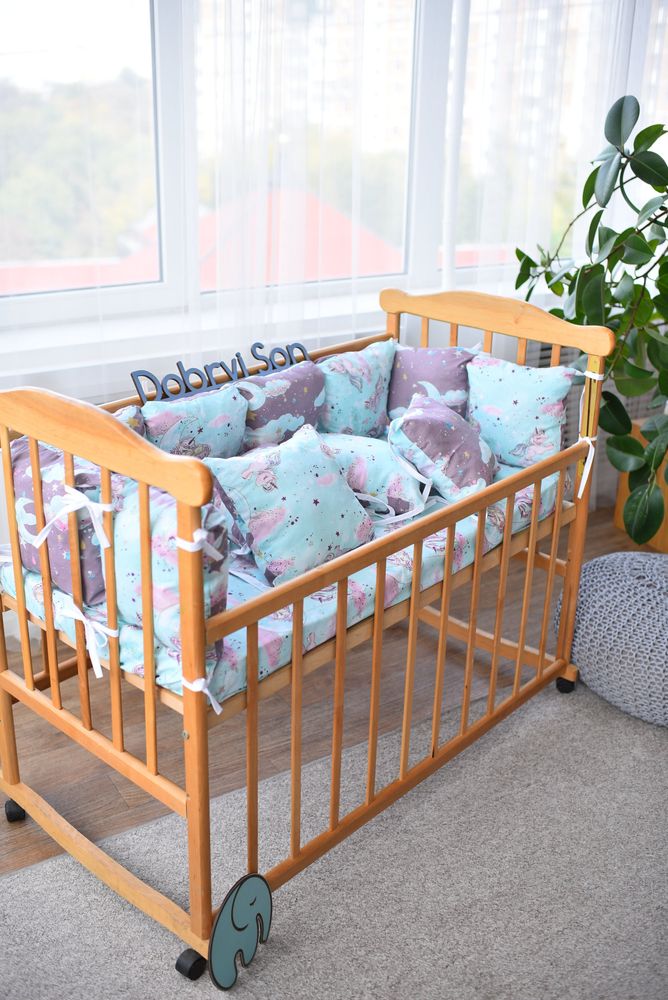 Детский спальный комплект в кроватку Облако Единороги мятный, без балдахина